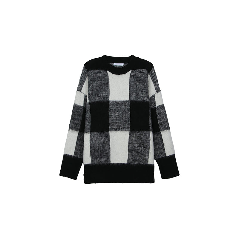 Plaid Color Contrast Crewneck Sweater Men Loose Winter Niche Fashion