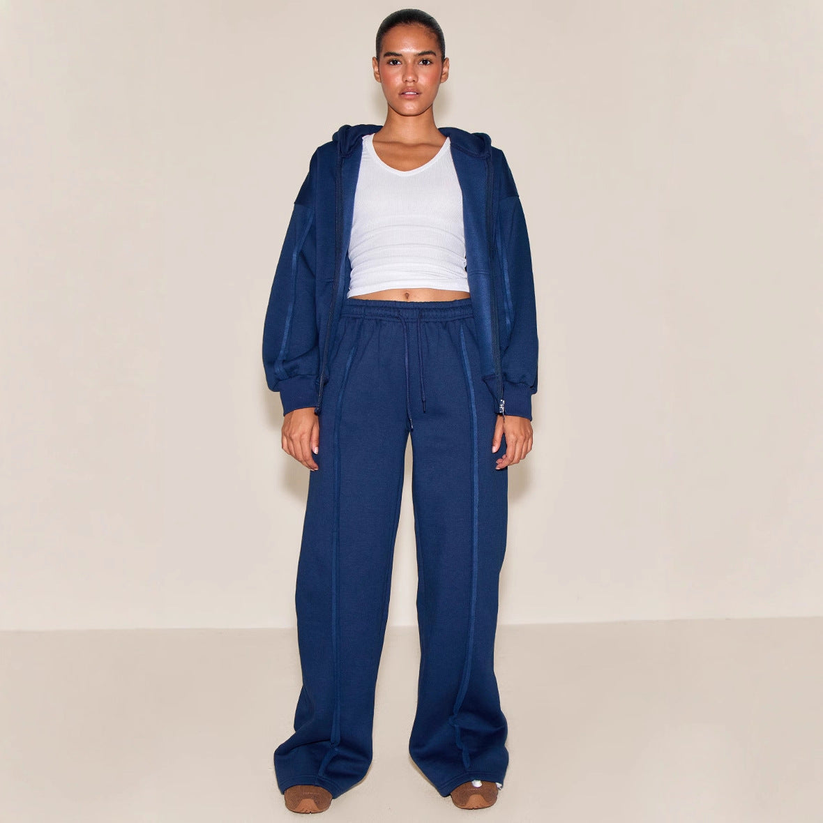 SpringSummer New Sexy Stylish Zip-Up Hoodie With Drawstring And Lace-up Pants Two-Piece Set