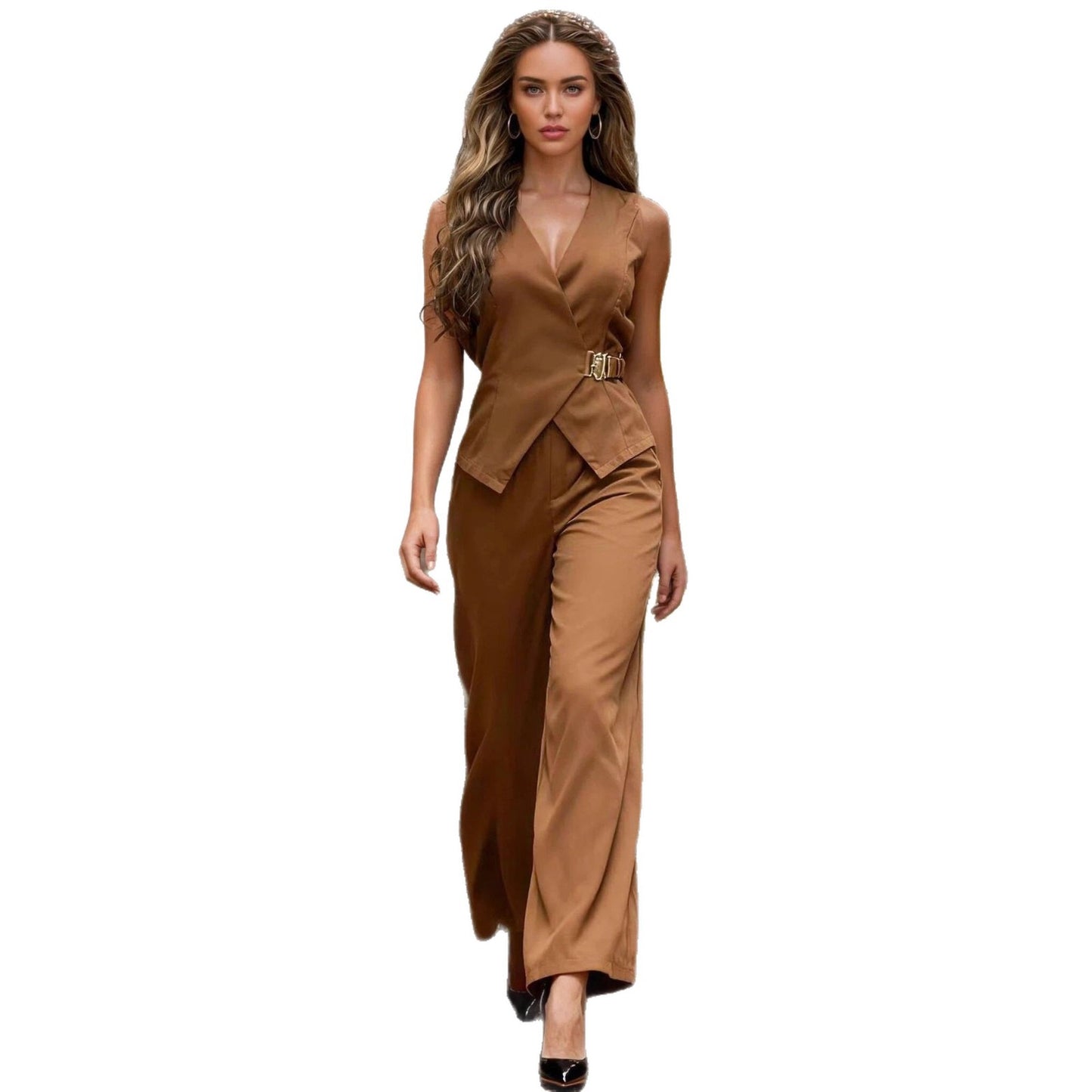 Casual-style Metal-buckle Belt Vest And Trousers Two-piece Set