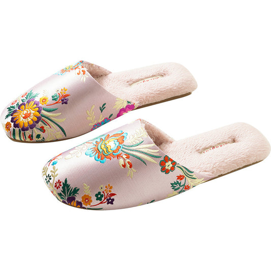 Women's Embroidered Floral Ox-Tendon Sole Plush Slippers
