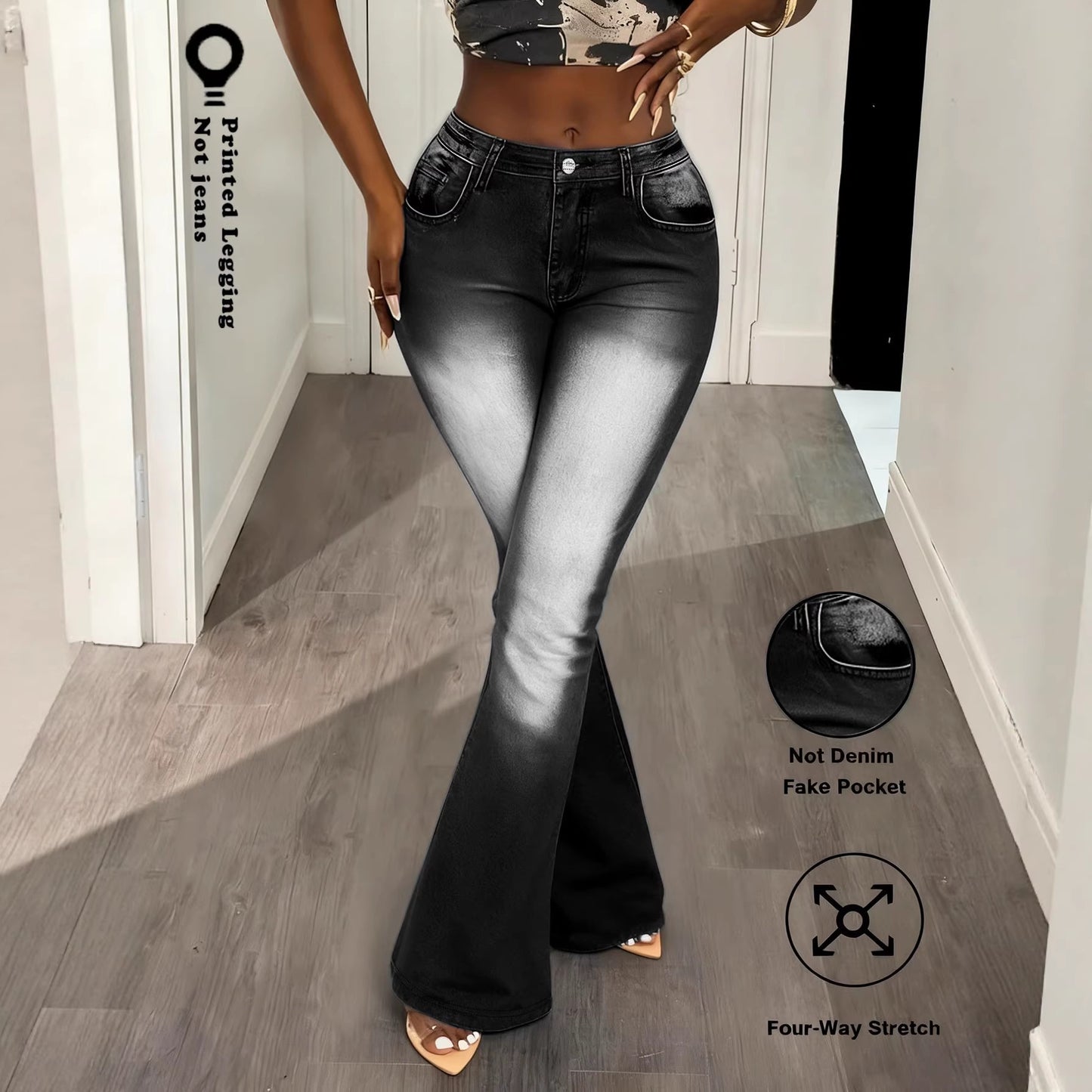 Comfortable And Versatile Faux Denim Printed Base Leggings
