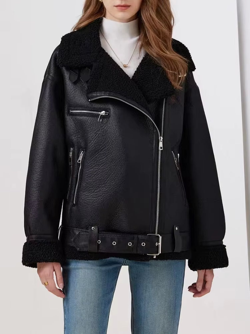 Autumn Winter Women Faux Lamb Fur Thick Warm Jacket with Belt Streetwear Female Zipper Loose Moto Biker Coat Outwear