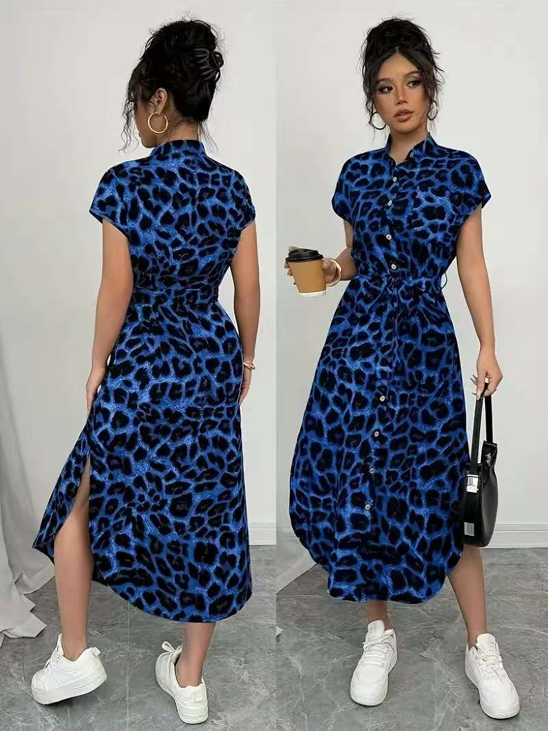 Leopard Print Front Button Shirt Belt Bow Shirt For Women