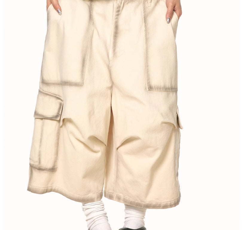 American-style Vintage Distressed Large-pocket Work Shorts