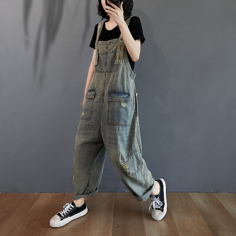 Retro Nostalgiske Ripped Denim Overalls til Kvinder