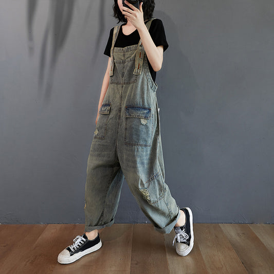 Retro Nostalgiske Ripped Denim Overalls til Kvinder
