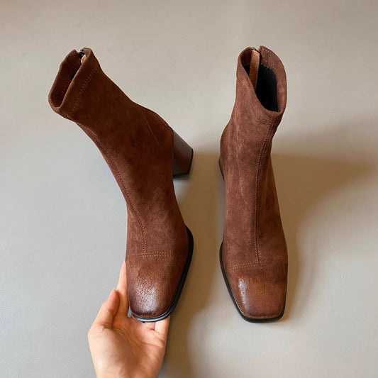 Women's Solid Color Simple Suede Chunky Heel Ankle Boots