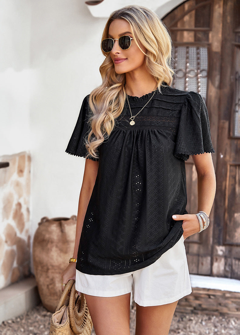 Summer Casual Solid Color Hollow Short Sleeve Round Neck Top