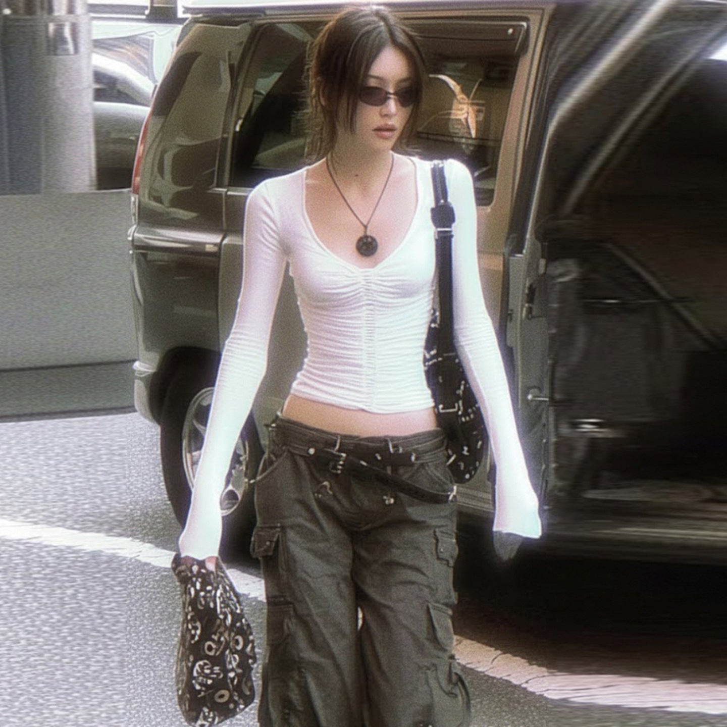 V-neck Waist-tight Hot Girl Solid Color Simple Inner Wear Blouse