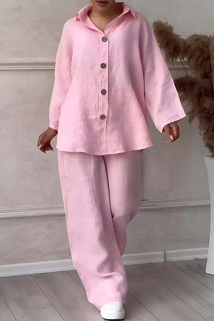 Cotton And Linen Shirt Outfit High Waist Loose Trousers