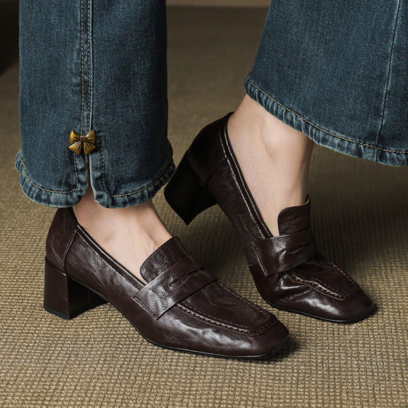 Womens Solid-Color Mid-Heel Retro Commuter Leather Square-Toe Pumps