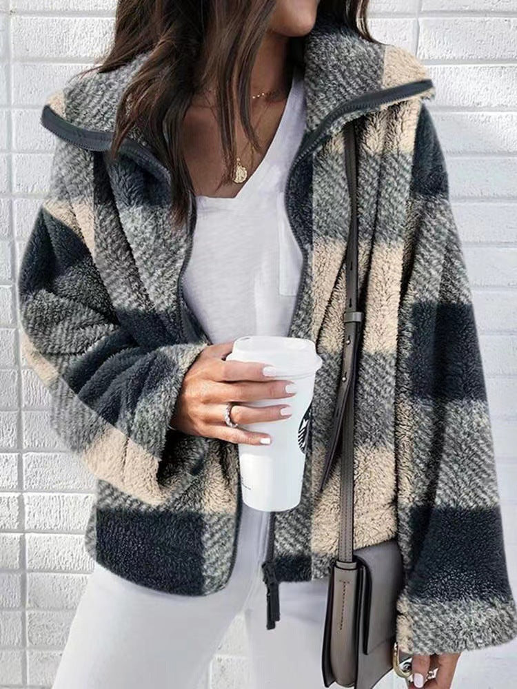 Plush Plaid Coat Plus Size Women's Clothing