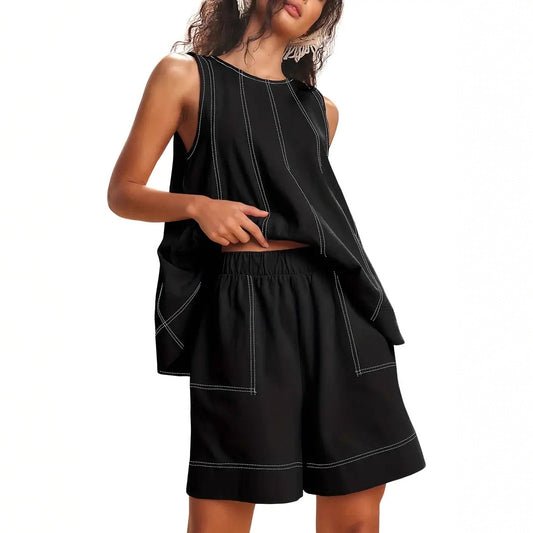 Solid-Color Elegant Crew-Neck Tank Top And Wide-Leg Shorts Set For Women