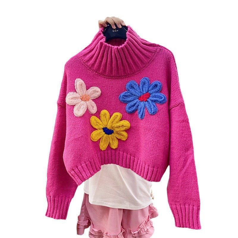 Three-dimensional Flower Temperament High Collar Long-sleeved Sweater