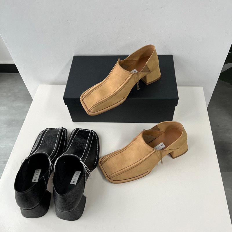 Small New Leather Single Shoes Women's Retro Square Head Thick Middle Heel