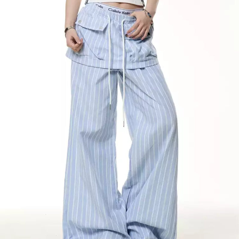 Vintage Stripe Fake Two Pieces Dungarees Women's Loose Straight