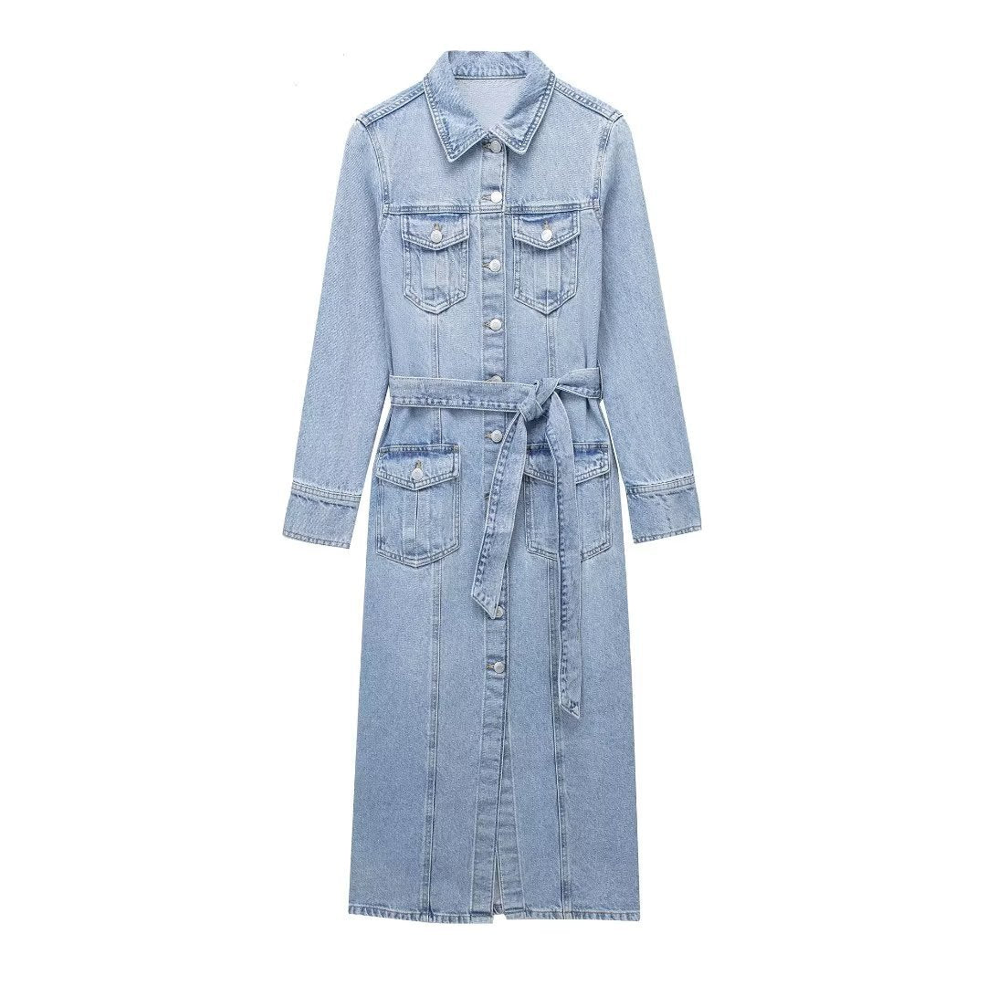Womens Distressed Long-Sleeve Denim Belted Dress