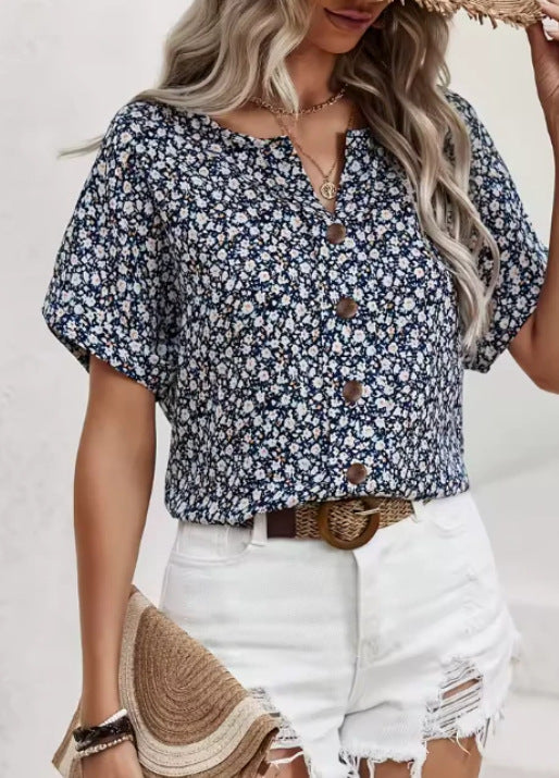 Womens Casual Plant-Print Jacquard Collar Short-Sleeve T-Shirt
