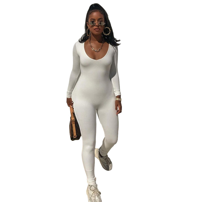 European And American Women's Low Neck Tight High Waist Fitness Jumpsuit