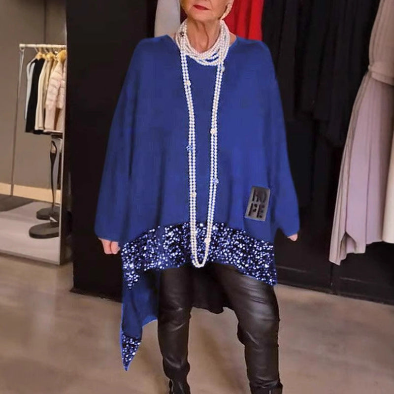 Loose And Irregular Hem Sequin Stitching Round Neck Long Sleeve Top