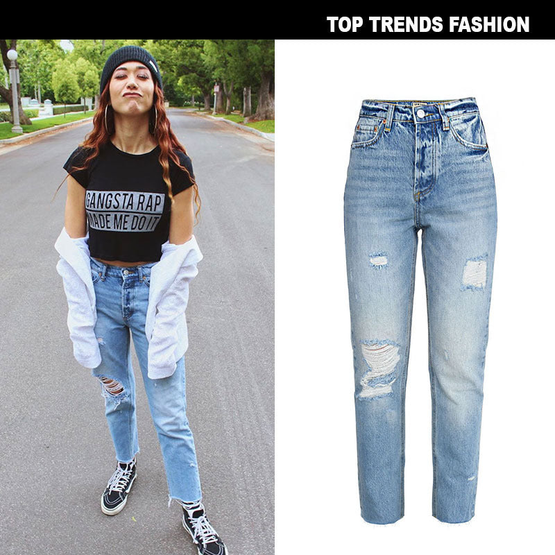 Washed cat whiskers straight frayed jeans