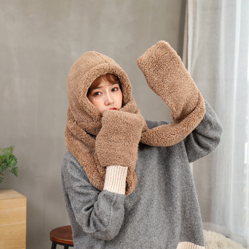 Double layer thick Plush wool scarf, hat and glove