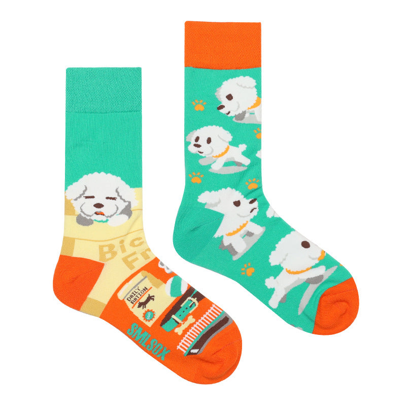 Asymmetrical Color Retro Personality Male And Female Couple Mid-length Cotton Socks