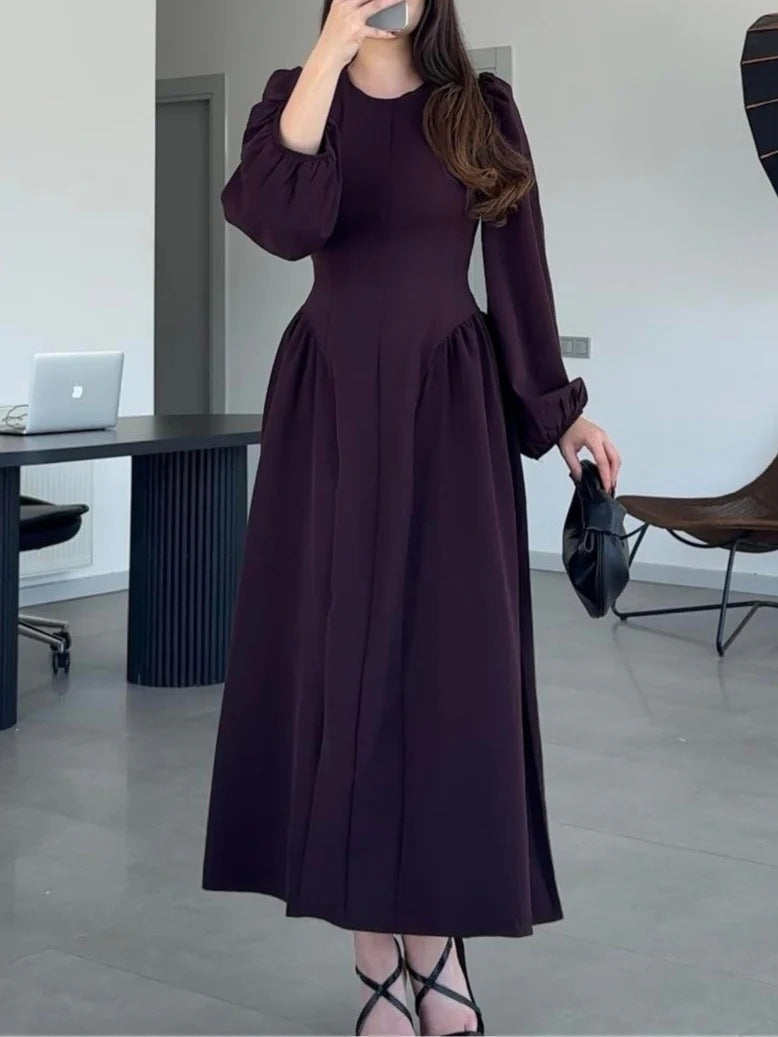Long-sleeve Flared Waist-cinched Elegant Dress