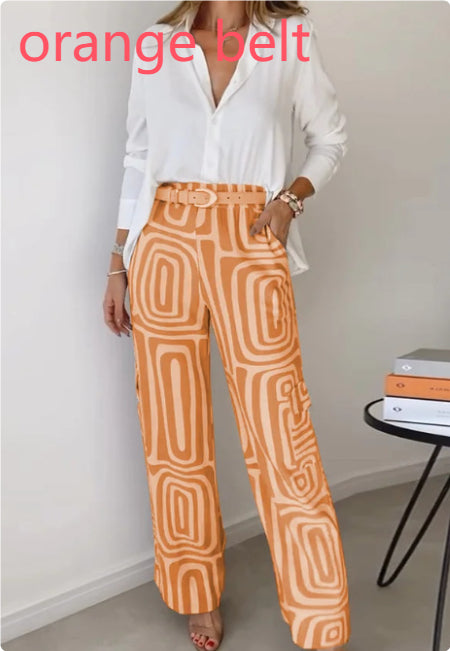 Long-sleeved Lapel Shirt Printed Wide-leg Pants Suit