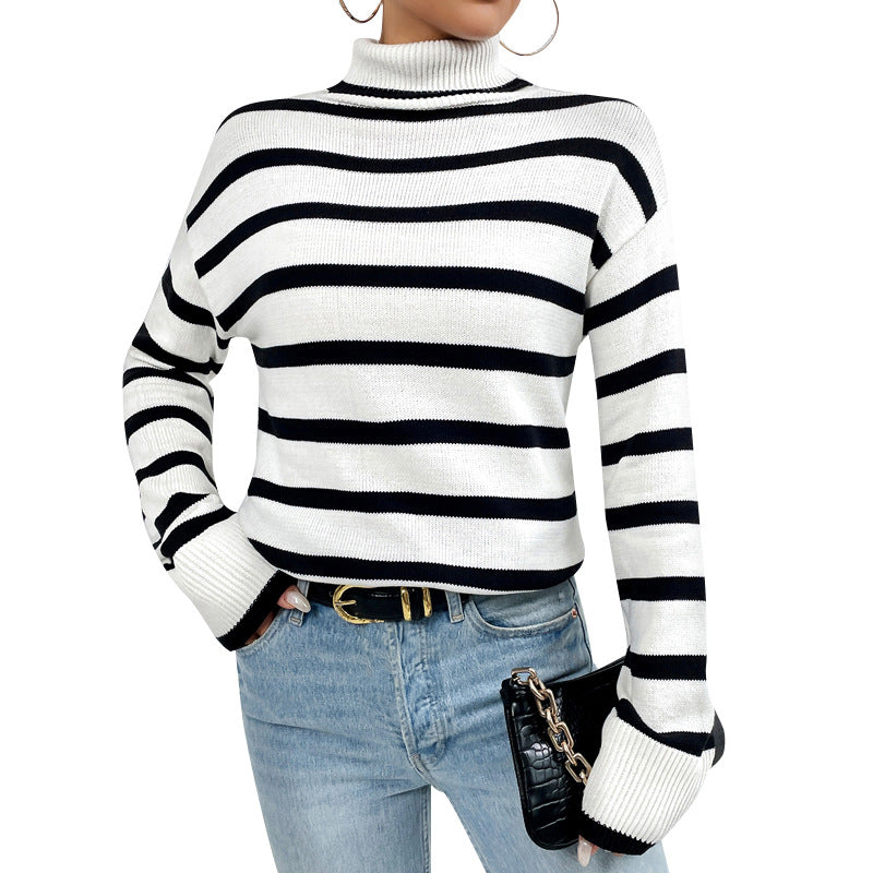 Women's Loose Contrast Color Striped Sweater Long-sleeved Top