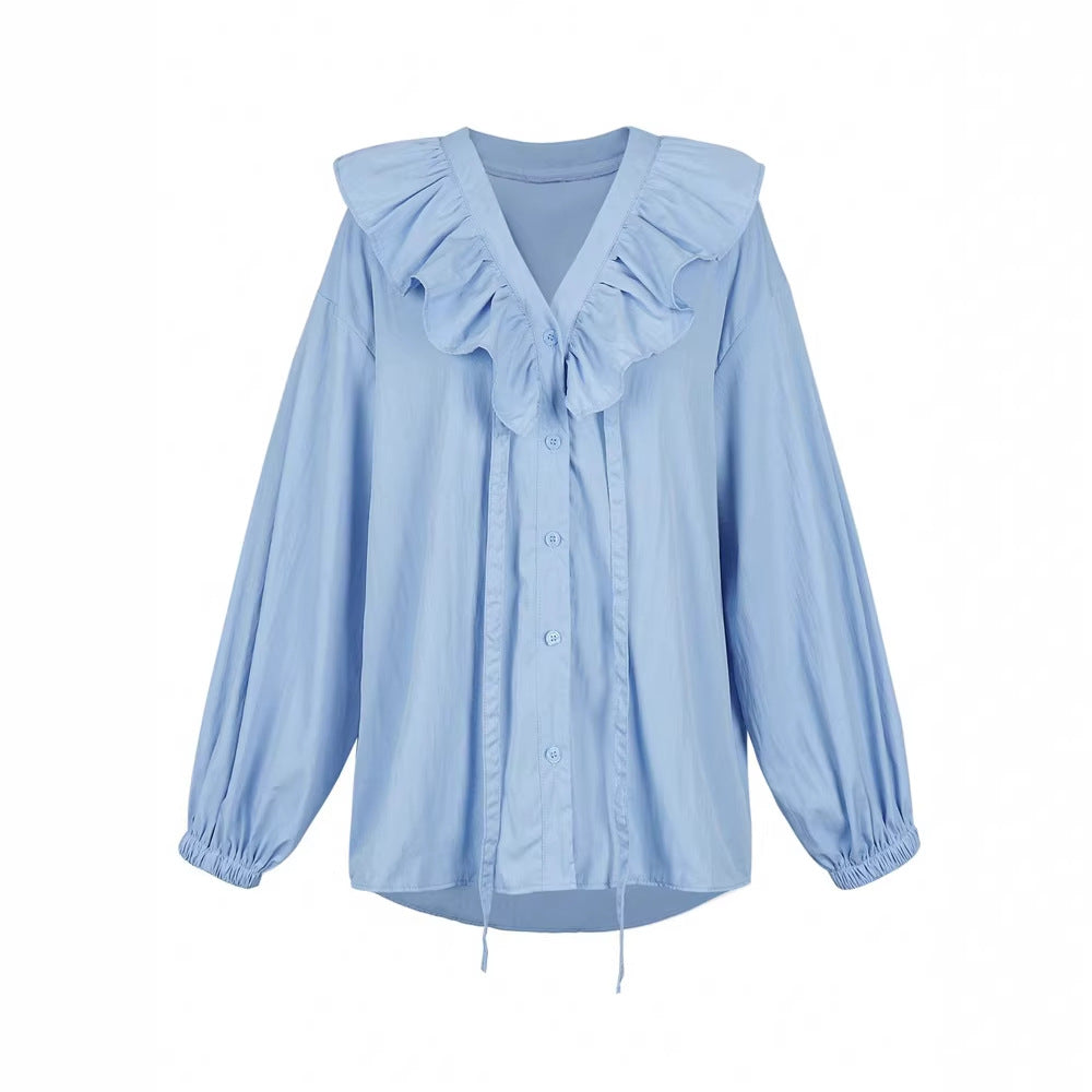 Womens Casual Resort Ruffle-Trim Collar Button-Up Shirt Top