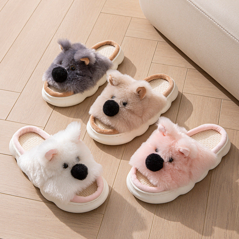 Linen Slippers For Women, Indoor Home Thick Sole Cartoon