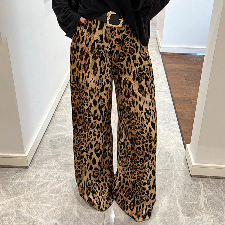 Stylish Casual And Chic Leopard-print Womens Retro Straight-leg Loose Pants