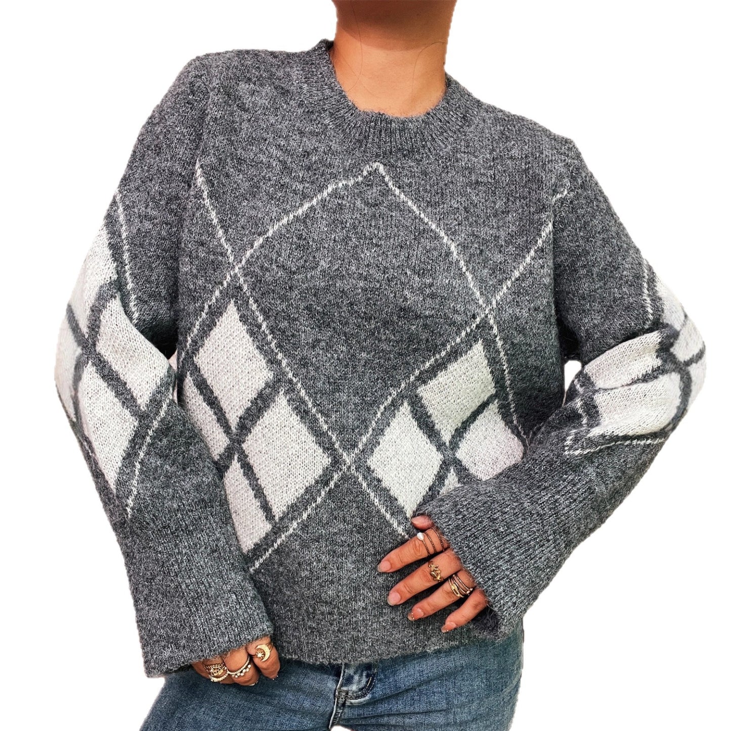 Women's Color-blocking Diamond Pattern Sweater