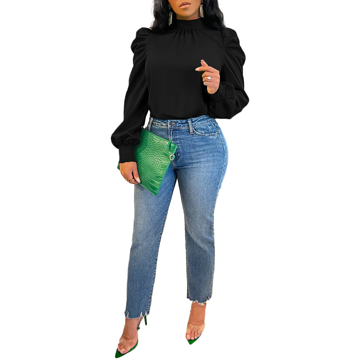 Stand Collar Puff Sleeve Back Lace-up Top