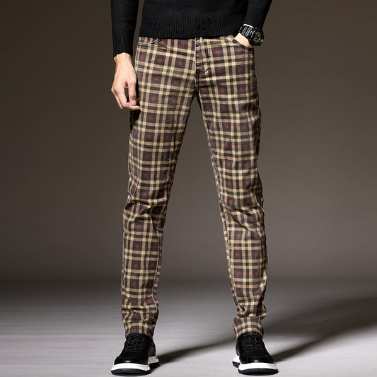 Slim Fit Cotton British Plaid Trousers