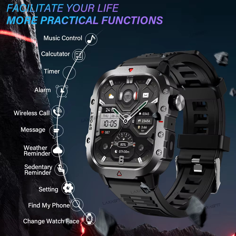 Sports Smart Watch Men'S Outdoor Sports Fitness Tracker Health Monitor LED Flashlight 2.01” Bluetooth Talk Smart Watch