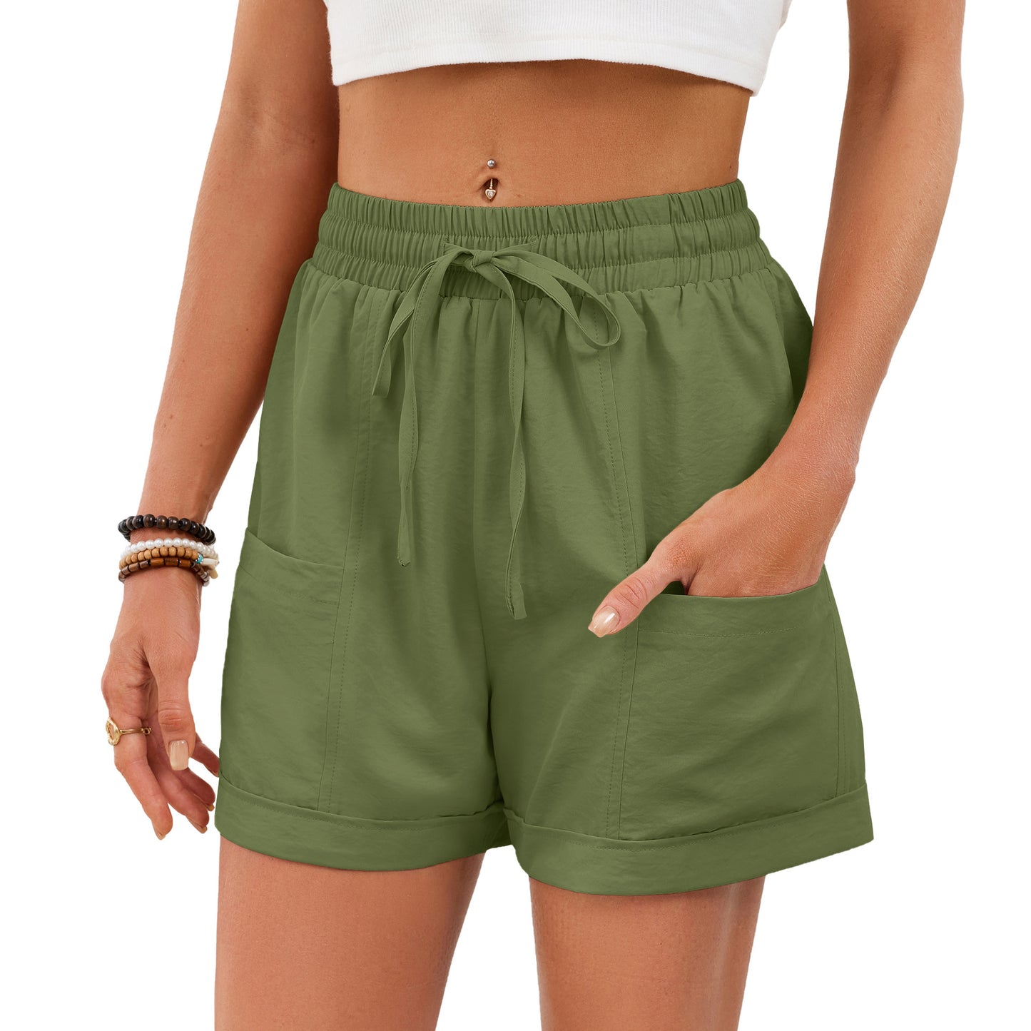 Solid-color Pocketed Drawstring Elastic-waist Loose-fitting Shorts For Women