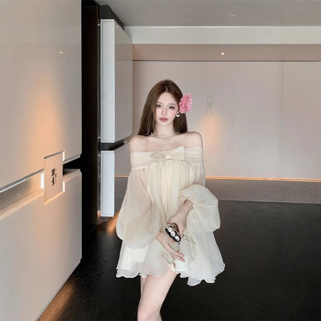 Womens Solid-Color French-Style Bow-Trimed Off-the-Shoulder Chiffon Dress