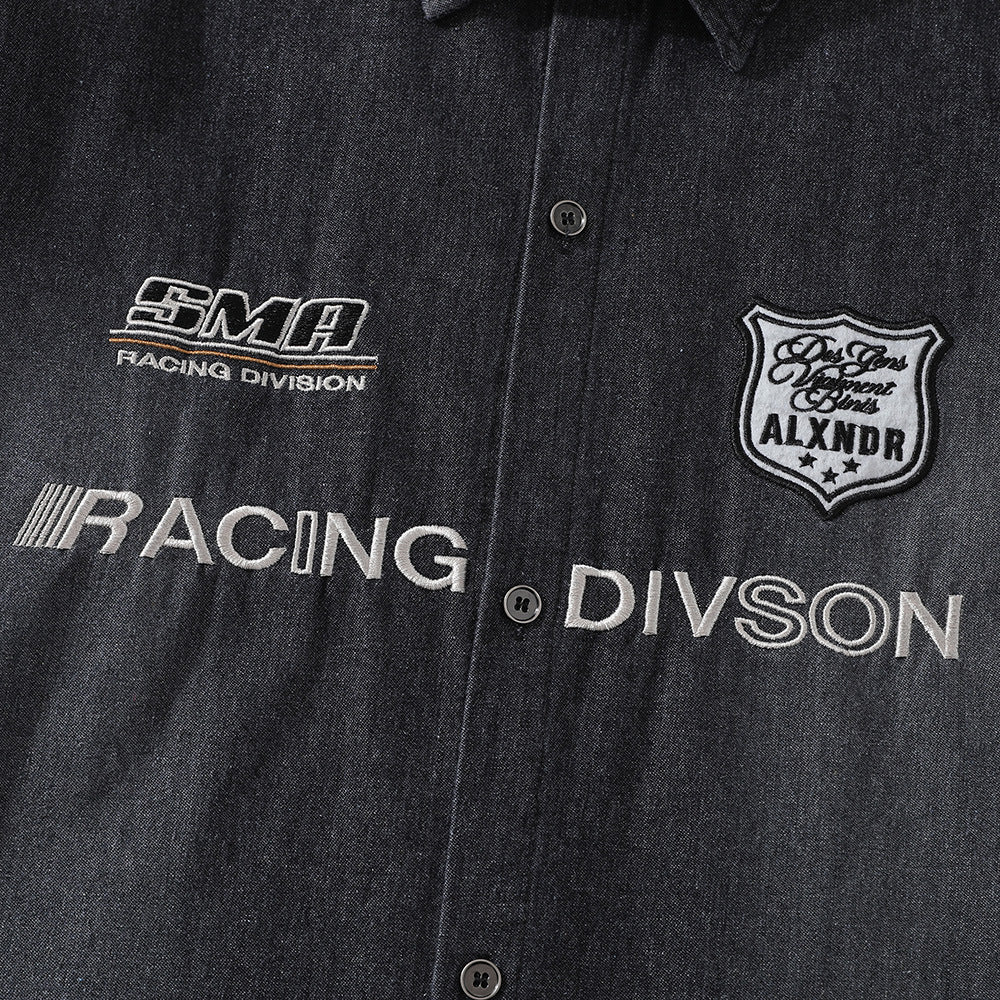 Badge Embroidered Letter Denim Long Sleeve Shirt Street Fashion