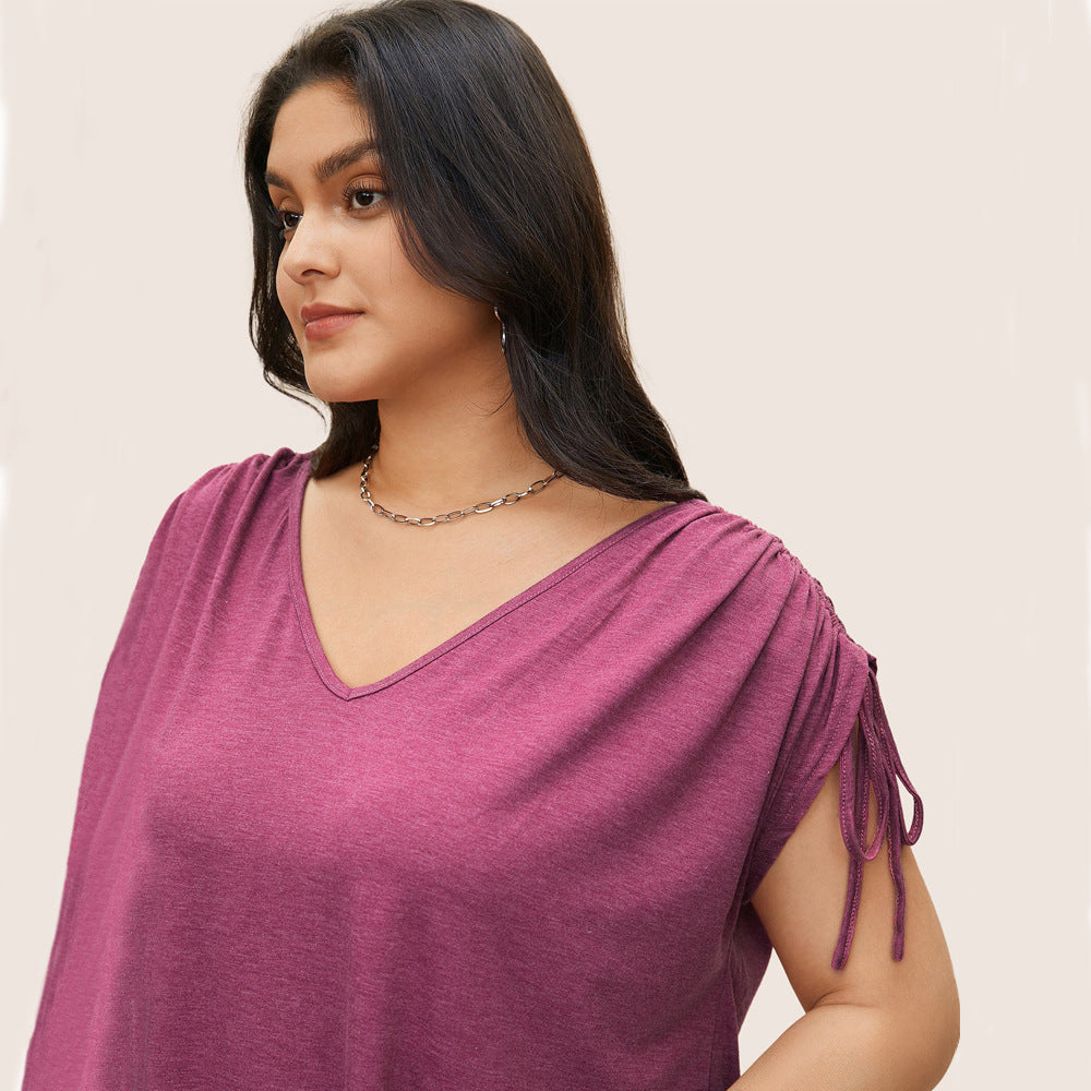 New Drawstring Vest V-neck Solid Color Casual Loose Short-sleeve T-shirt