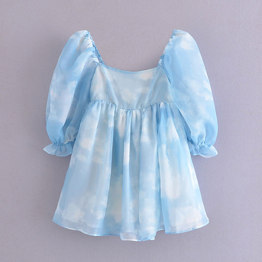 Fashion Smudged Blue Sky Cloud Puff Sleeve Dress Women