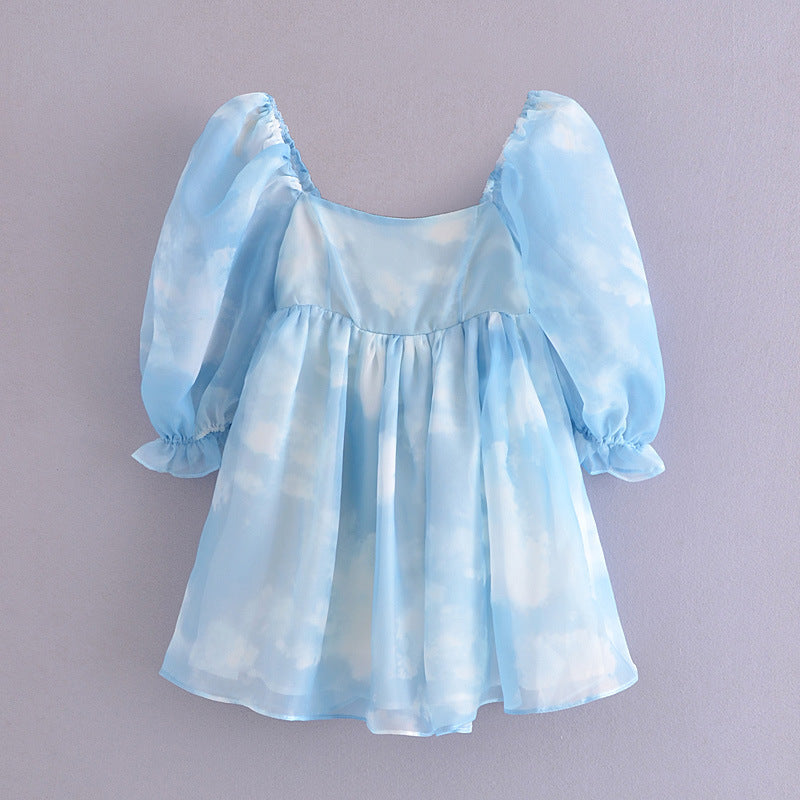 Fashion Smudged Blue Sky Cloud Puff Sleeve Dress Women