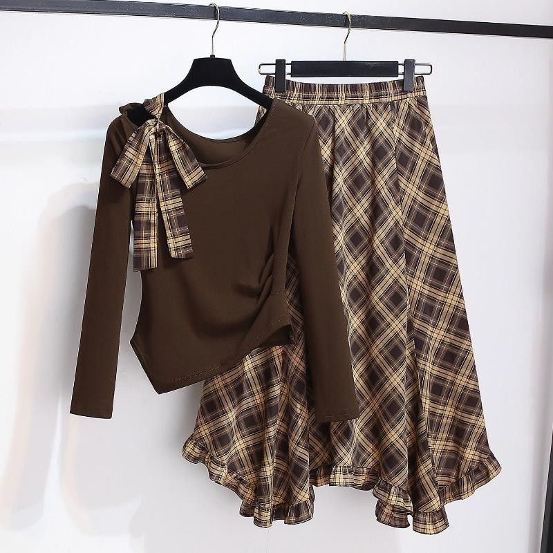 Irregular-shoulder Long-sleeve Top With A Plaid Skirt