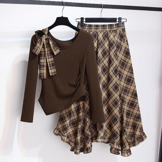 Irregular-shoulder Long-sleeve Top With A Plaid Skirt