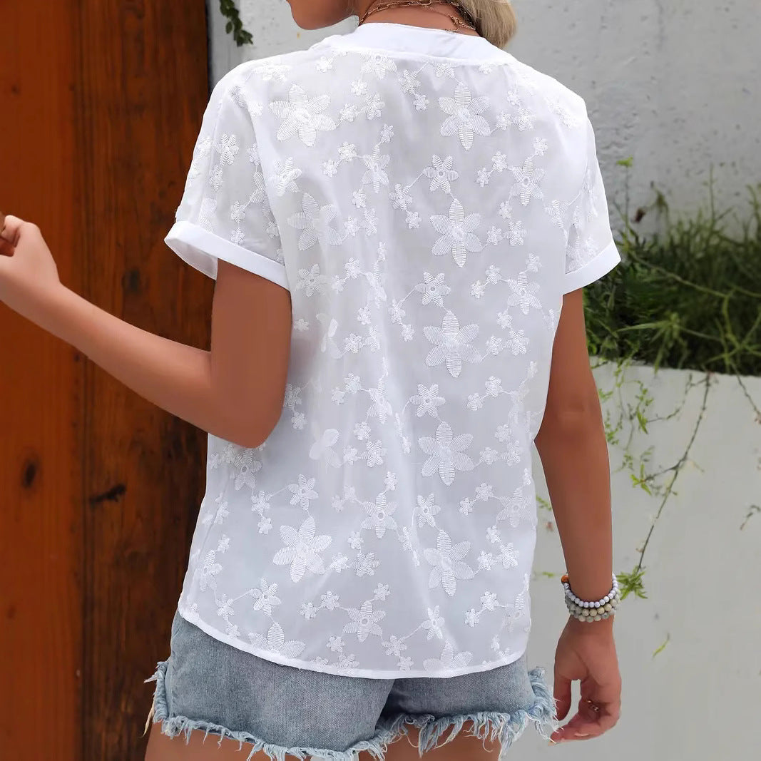 Summer Minimalist Casual Solid-color V-neck Short-sleeve Shirt