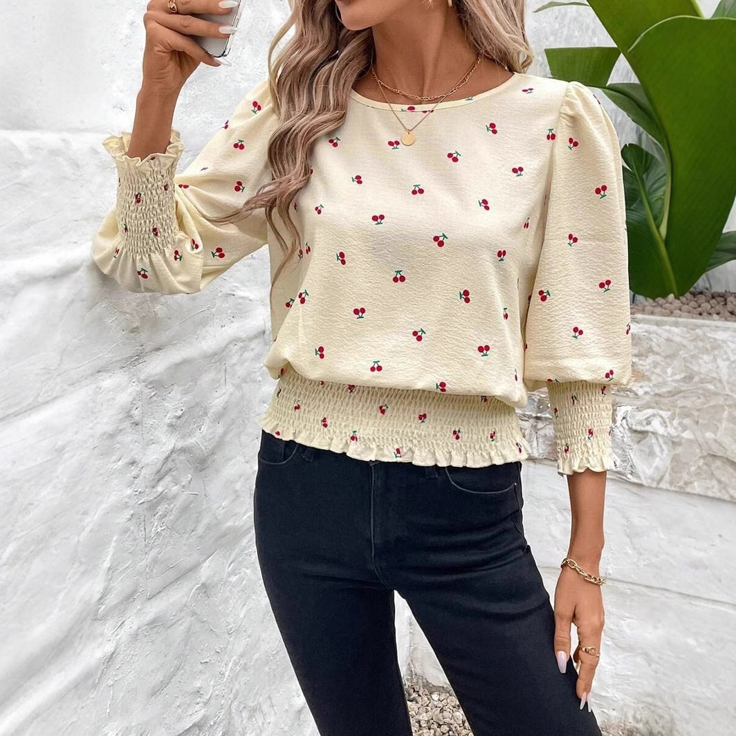 Loose Plus Size Crew Neck Solid Color Smocking Shirt Lantern Sleeve