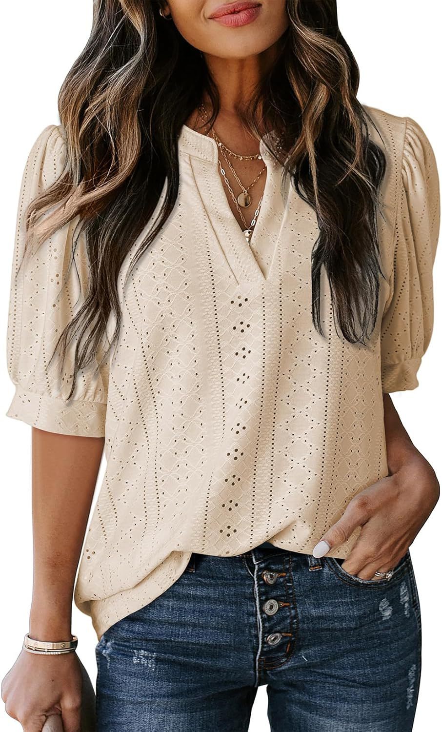 Women's Summer Business Casual Blouse V-neck Short Sleeve Shirt