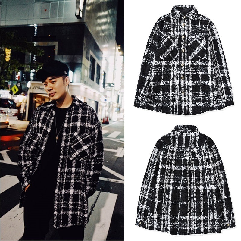 Wool black and white plaid men and women couple knit shirt jacket
