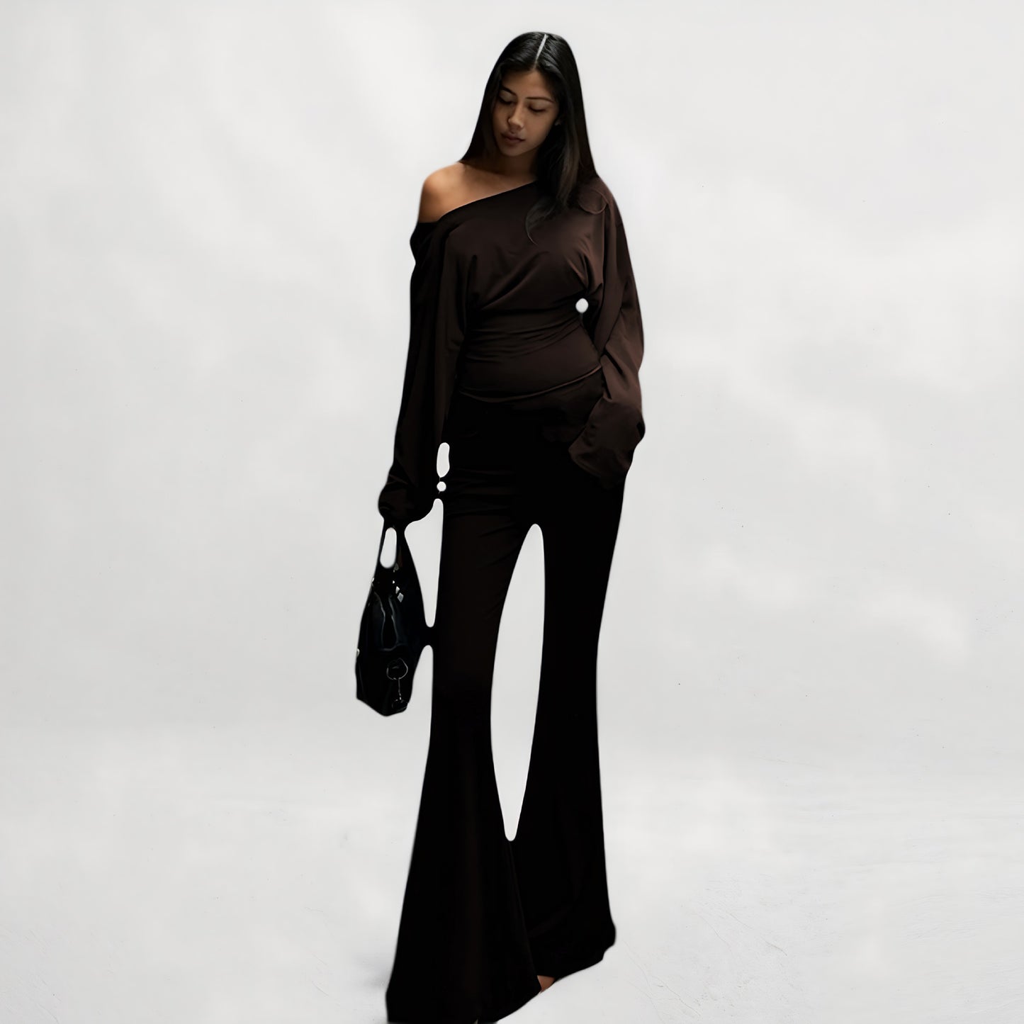 Solid-color Casual Set With Long-sleeve Flared Pants